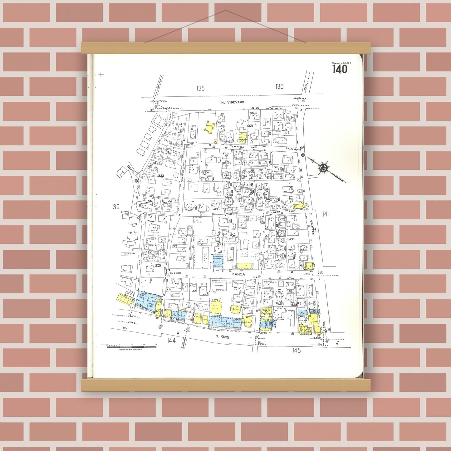 Old map wall art mockup — magnetic wood frame on brick wall — Sanborn Fire Insurance Map from Honolulu, Oahu County, Hawaii (1955), Sheet #0140