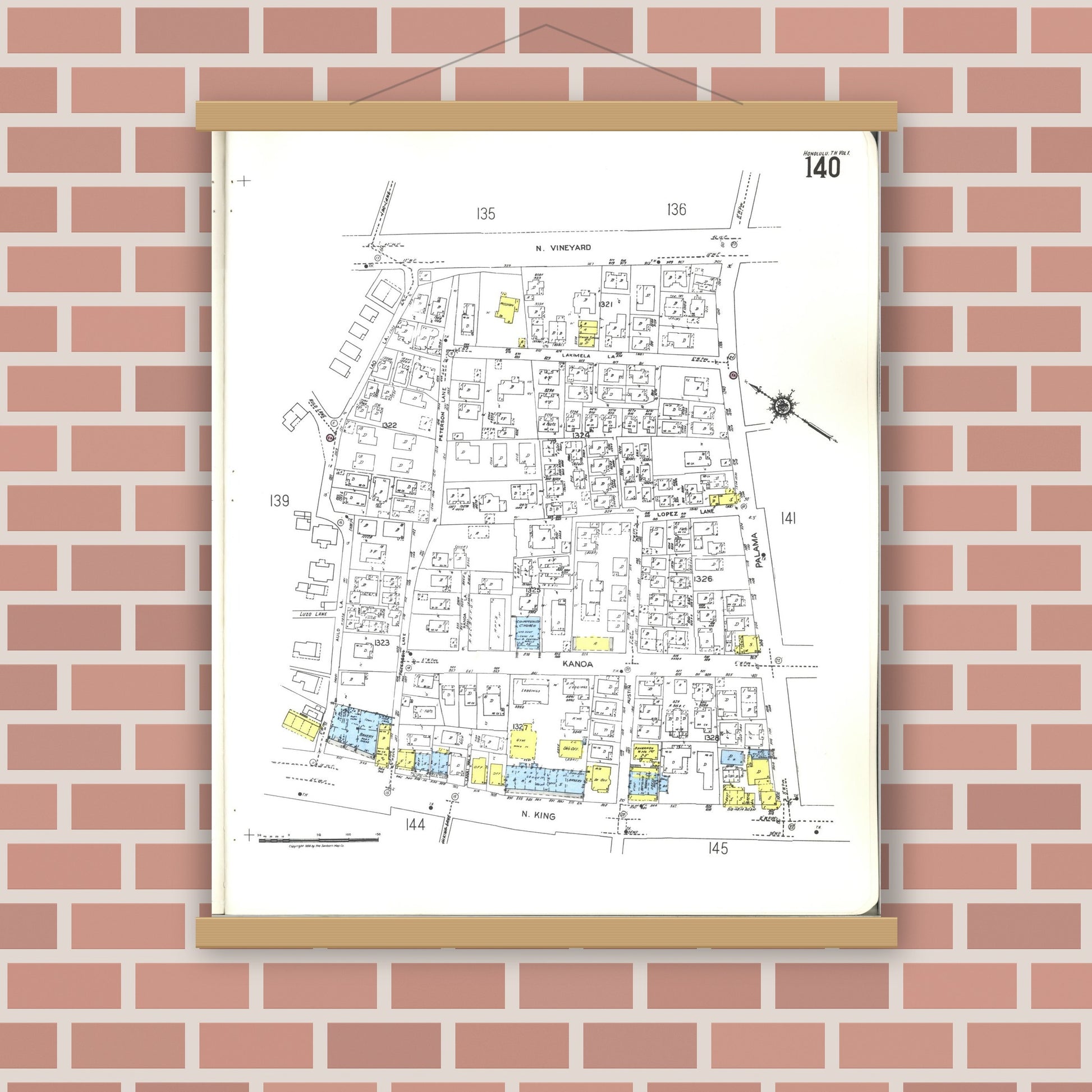 Old map wall art mockup — magnetic wood frame on brick wall — Sanborn Fire Insurance Map from Honolulu, Oahu County, Hawaii (1955), Sheet #0140