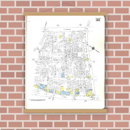 Old map wall art mockup — magnetic wood frame on brick wall — Sanborn Fire Insurance Map from Honolulu, Oahu County, Hawaii (1955), Sheet #0140