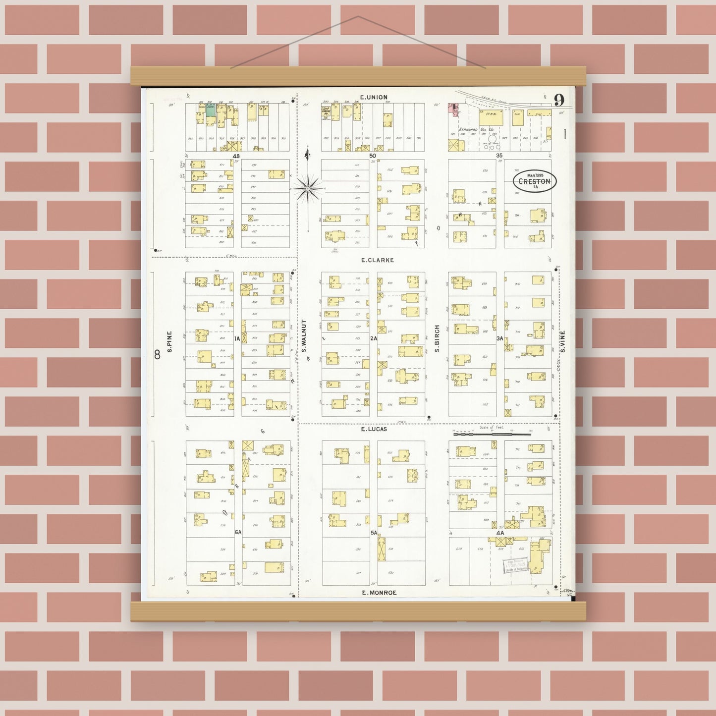 Old map wall art mockup — magnetic wood frame on brick wall — Sanborn Fire Insurance Map from Creston, Union County, Iowa (1899), Sheet #0009