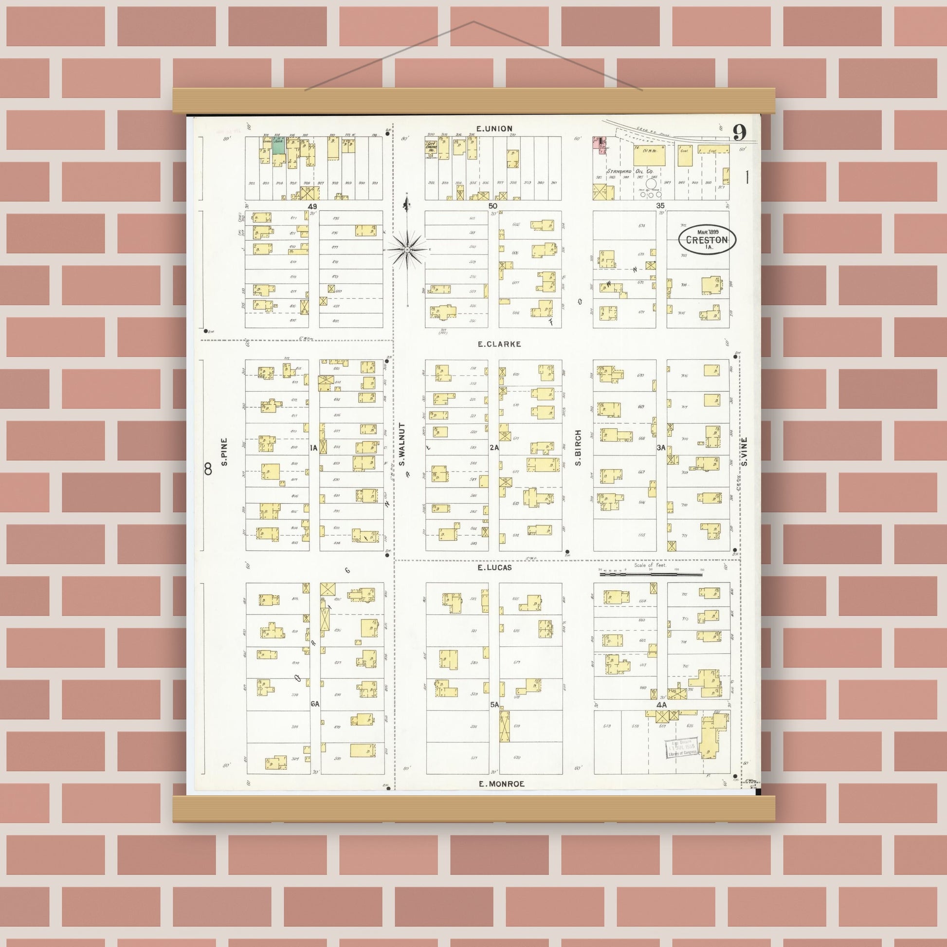 Old map wall art mockup — magnetic wood frame on brick wall — Sanborn Fire Insurance Map from Creston, Union County, Iowa (1899), Sheet #0009