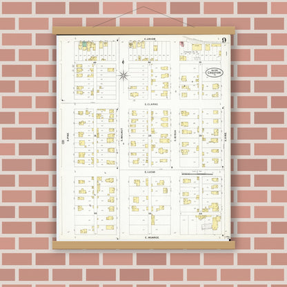 Old map wall art mockup — magnetic wood frame on brick wall — Sanborn Fire Insurance Map from Creston, Union County, Iowa (1899), Sheet #0009