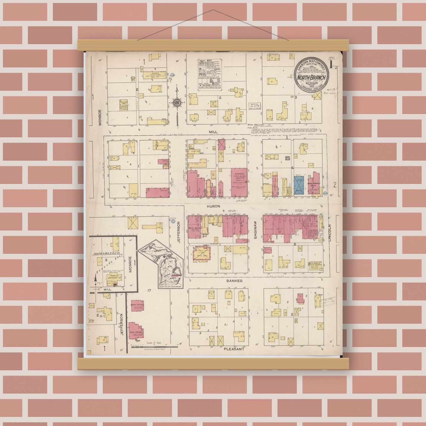Old map wall art mockup — magnetic wood frame on brick wall — Sanborn Fire Insurance Map from North Branch, Lapeer County, Michigan (1922) - Complete Map Set