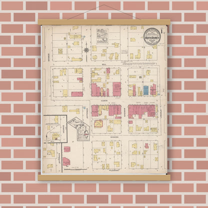 Old map wall art mockup — magnetic wood frame on brick wall — Sanborn Fire Insurance Map from North Branch, Lapeer County, Michigan (1922) - Complete Map Set