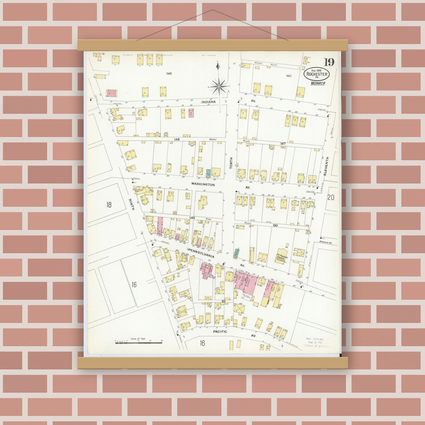 Old map wall art mockup — magnetic wood frame on brick wall — Sanborn Fire Insurance Map from Rochester, Beaver County, Pennsylvania (1908), Sheet #0018