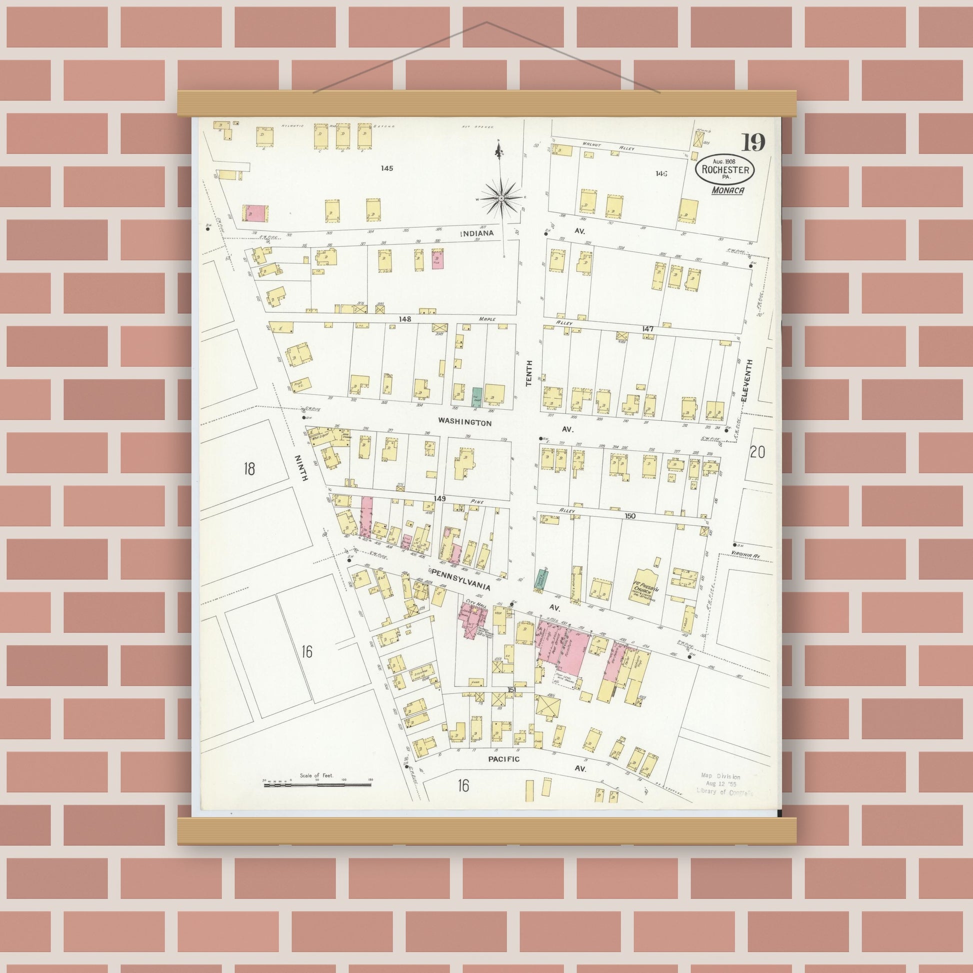 Old map wall art mockup — magnetic wood frame on brick wall — Sanborn Fire Insurance Map from Rochester, Beaver County, Pennsylvania (1908), Sheet #0018