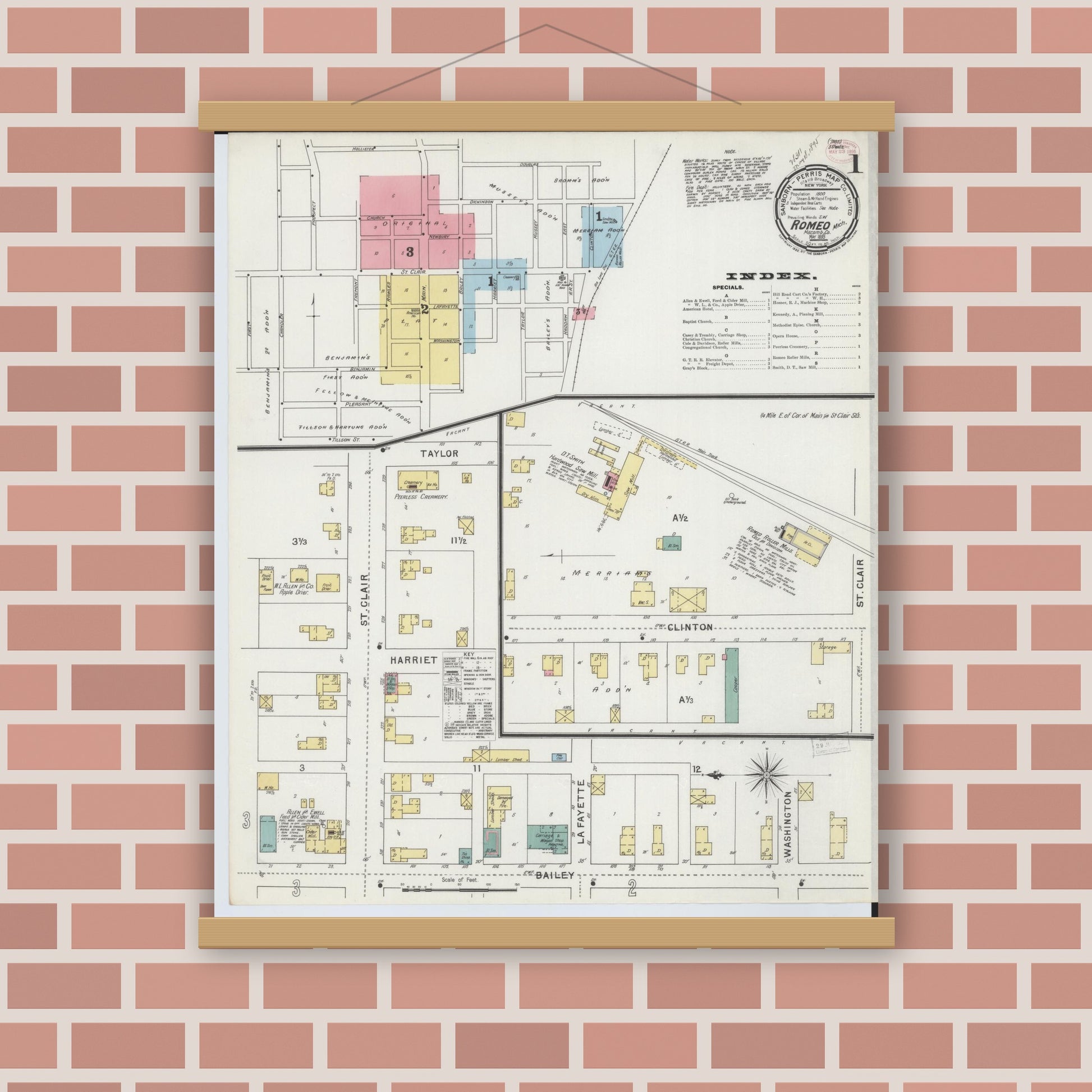 Old map wall art mockup — magnetic wood frame on brick wall — Sanborn Fire Insurance Map from Romeo, Macomb County, Michigan (1895) - Complete Map Set