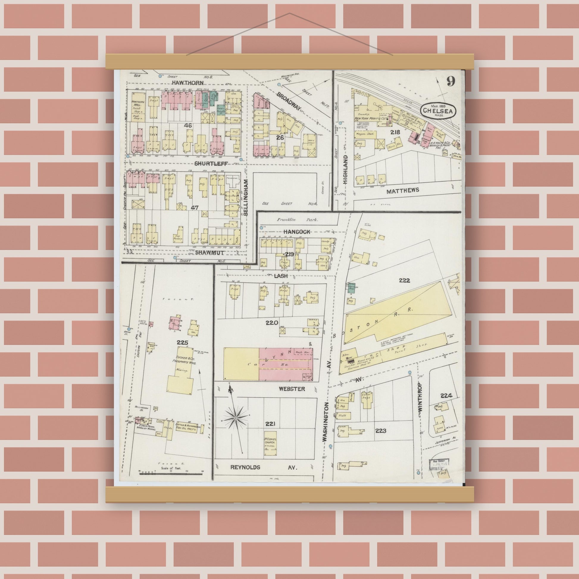 Old map wall art mockup — magnetic wood frame on brick wall — Sanborn Fire Insurance Map from Chelsea, Suffolk County, Massachusetts (1889), Sheet #0009
