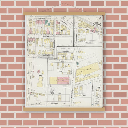 Old map wall art mockup — magnetic wood frame on brick wall — Sanborn Fire Insurance Map from Chelsea, Suffolk County, Massachusetts (1889), Sheet #0009