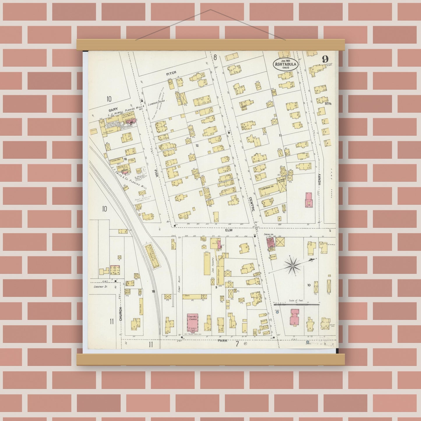 Old map wall art mockup — magnetic wood frame on brick wall — Sanborn Fire Insurance Map from Ashtabula, Ashtabula County, Ohio (1903), Sheet #0009