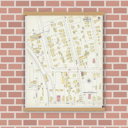 Old map wall art mockup — magnetic wood frame on brick wall — Sanborn Fire Insurance Map from Ashtabula, Ashtabula County, Ohio (1903), Sheet #0009