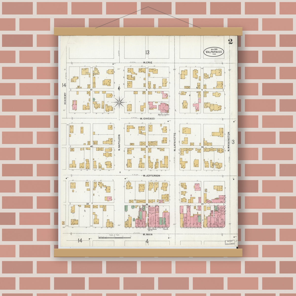 Old map wall art mockup — magnetic wood frame on brick wall — Sanborn Fire Insurance Map from Valparaiso, Porter County, Indiana (1899), Sheet #0002