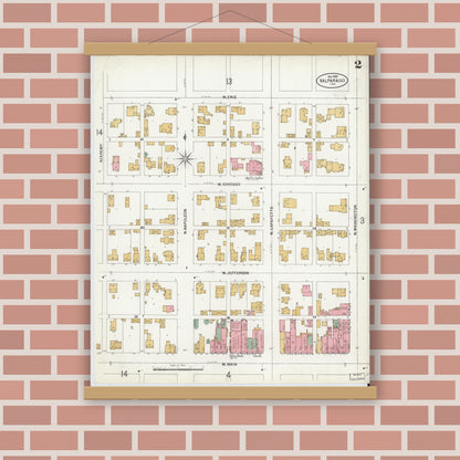 Old map wall art mockup — magnetic wood frame on brick wall — Sanborn Fire Insurance Map from Valparaiso, Porter County, Indiana (1899), Sheet #0002