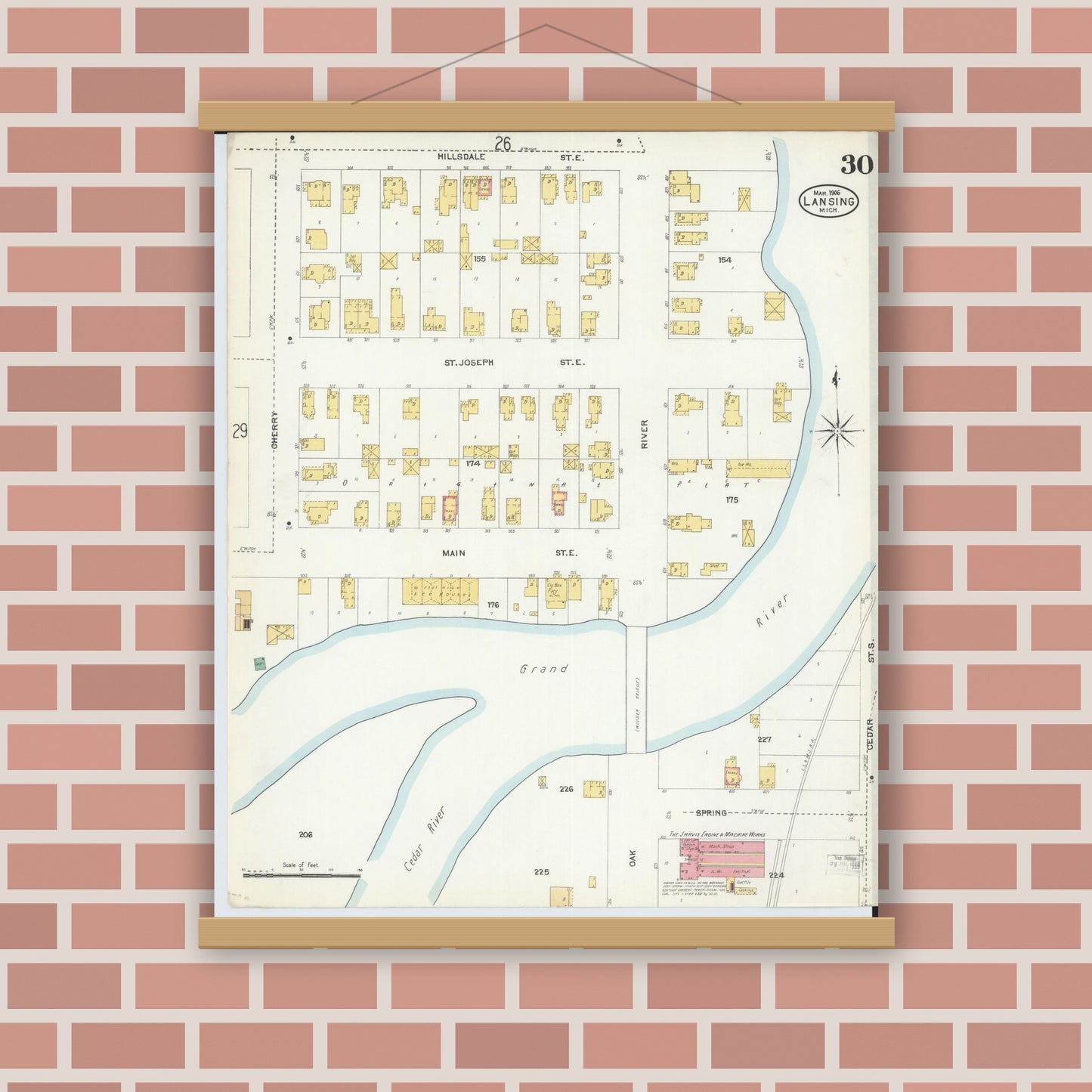Old map wall art mockup — magnetic wood frame on brick wall — Sanborn Fire Insurance Map from Lansing, Ingham County, Michigan (1906), Sheet #0030