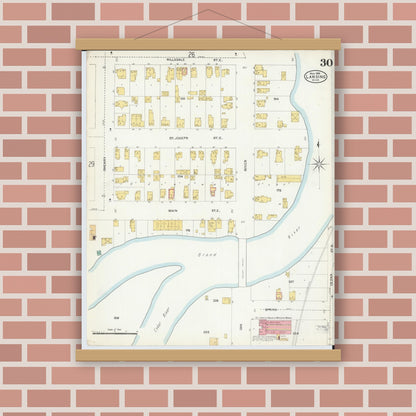 Old map wall art mockup — magnetic wood frame on brick wall — Sanborn Fire Insurance Map from Lansing, Ingham County, Michigan (1906), Sheet #0030