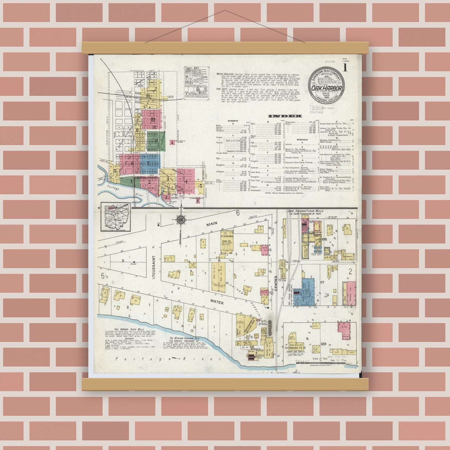 Old map wall art mockup — magnetic wood frame on brick wall — Sanborn Fire Insurance Map from Oak Harbor, Ottawa County, Ohio (1920) - Complete Map Set