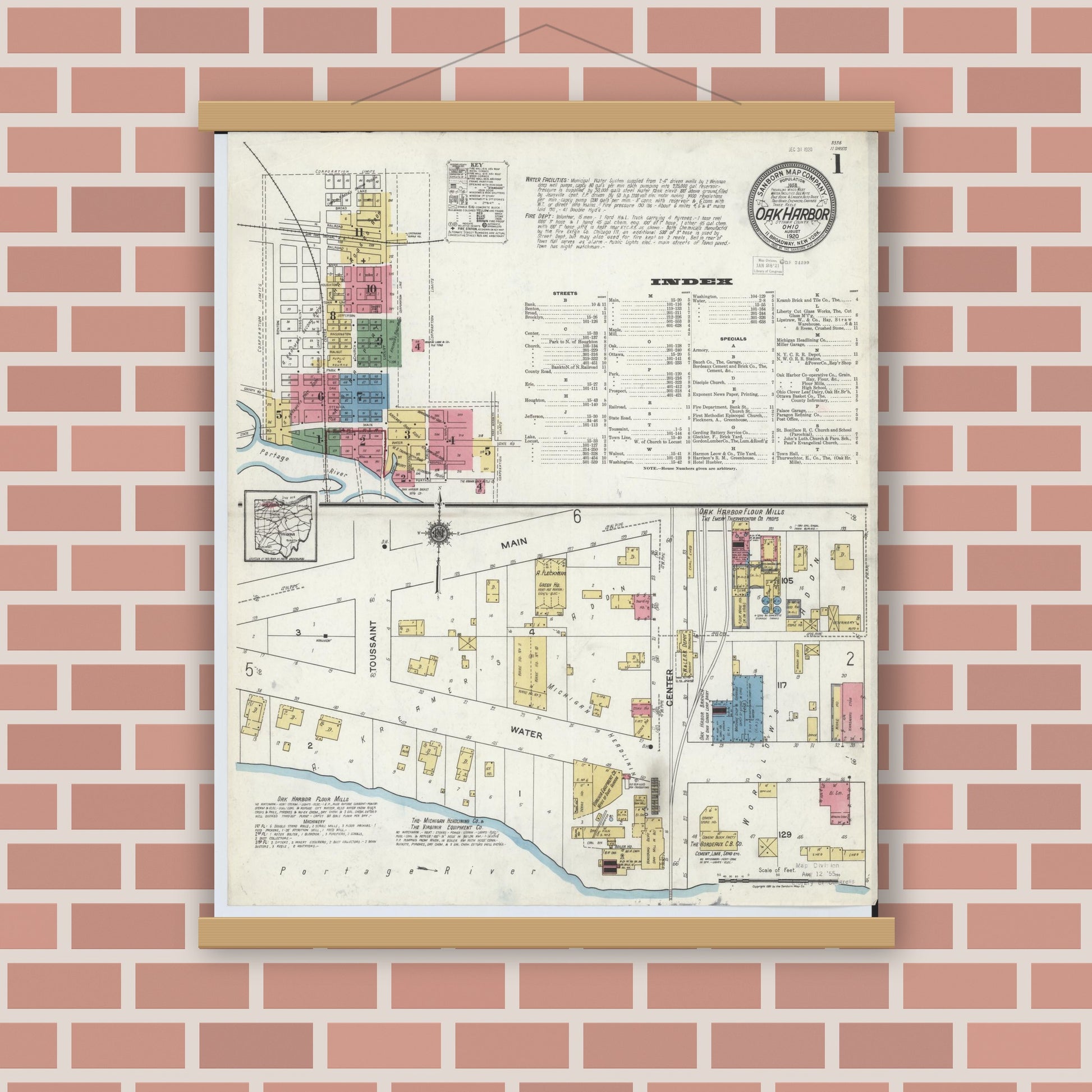 Old map wall art mockup — magnetic wood frame on brick wall — Sanborn Fire Insurance Map from Oak Harbor, Ottawa County, Ohio (1920) - Complete Map Set