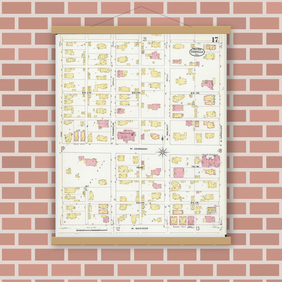 Old map wall art mockup — magnetic wood frame on brick wall — Sanborn Fire Insurance Map from Danville, Vermilion County, Illinois (1909), Sheet #0017