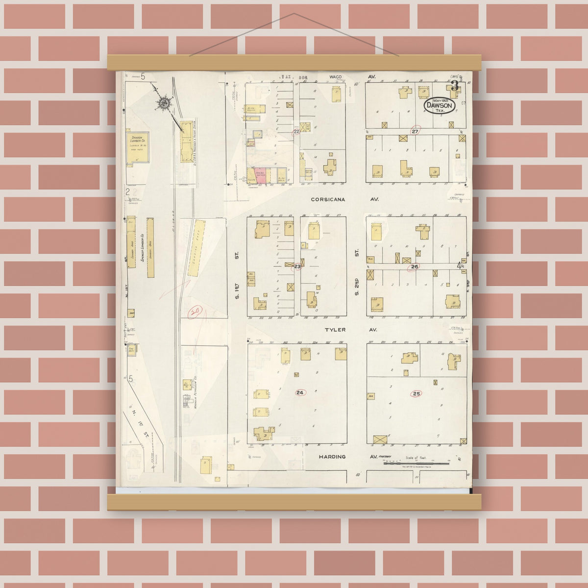 Old map wall art mockup — magnetic wood frame on brick wall — Sanborn Fire Insurance Map from Dawson, Navarro County, Texas (1943), Sheet #0003