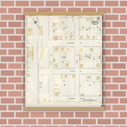 Old map wall art mockup — magnetic wood frame on brick wall — Sanborn Fire Insurance Map from Dawson, Navarro County, Texas (1943), Sheet #0003
