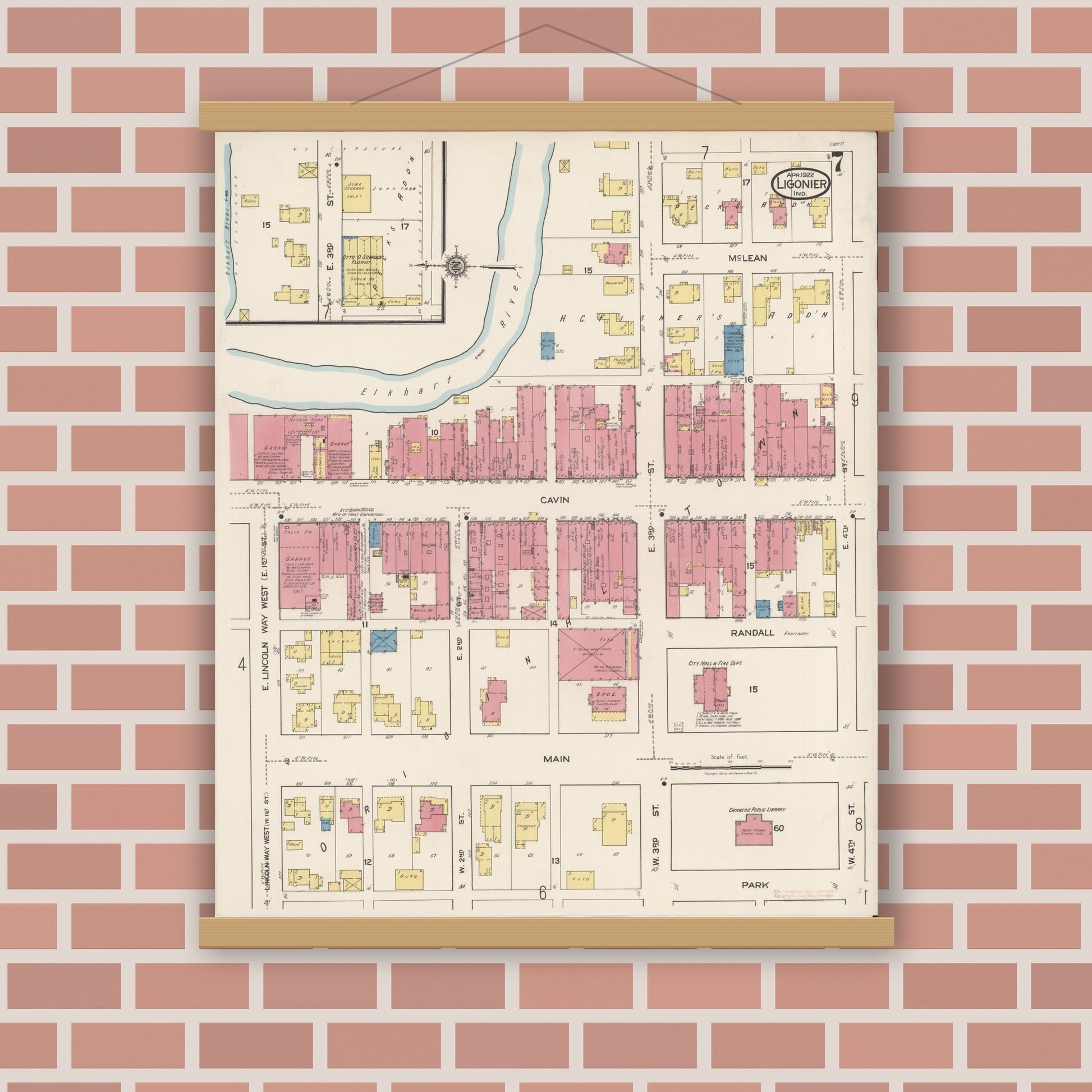 Old map wall art mockup — magnetic wood frame on brick wall — Sanborn Fire Insurance Map from Ligonier, Noble County, Indiana (1922), Sheet #0007