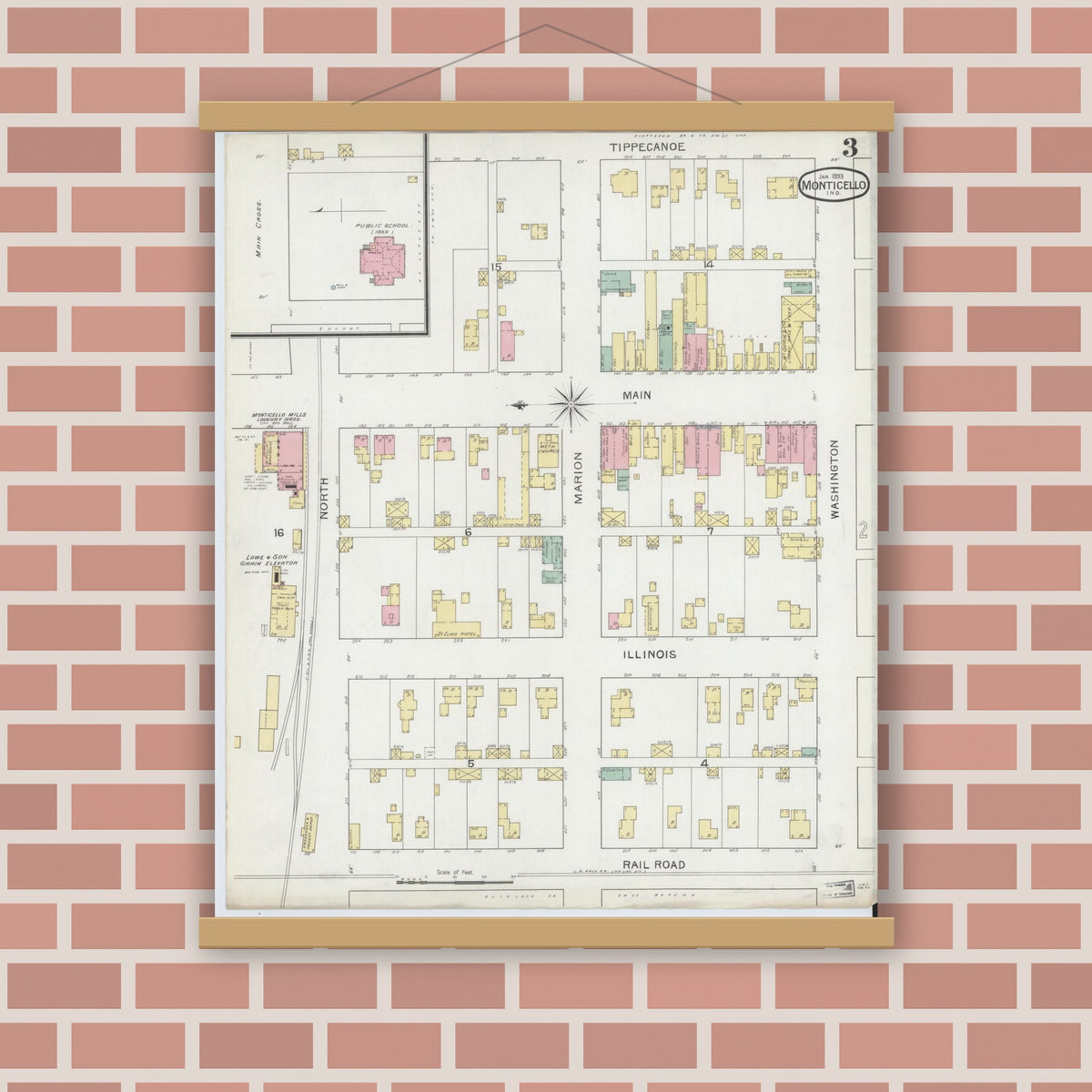 Old map wall art mockup — magnetic wood frame on brick wall — Sanborn Fire Insurance Map from Monticello, White County, Indiana (1893), Sheet #0003