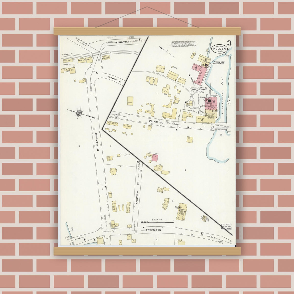 Old map wall art mockup — magnetic wood frame on brick wall — Sanborn Fire Insurance Map from Holden, Worcester County, Massachusetts (1910), Sheet #0003