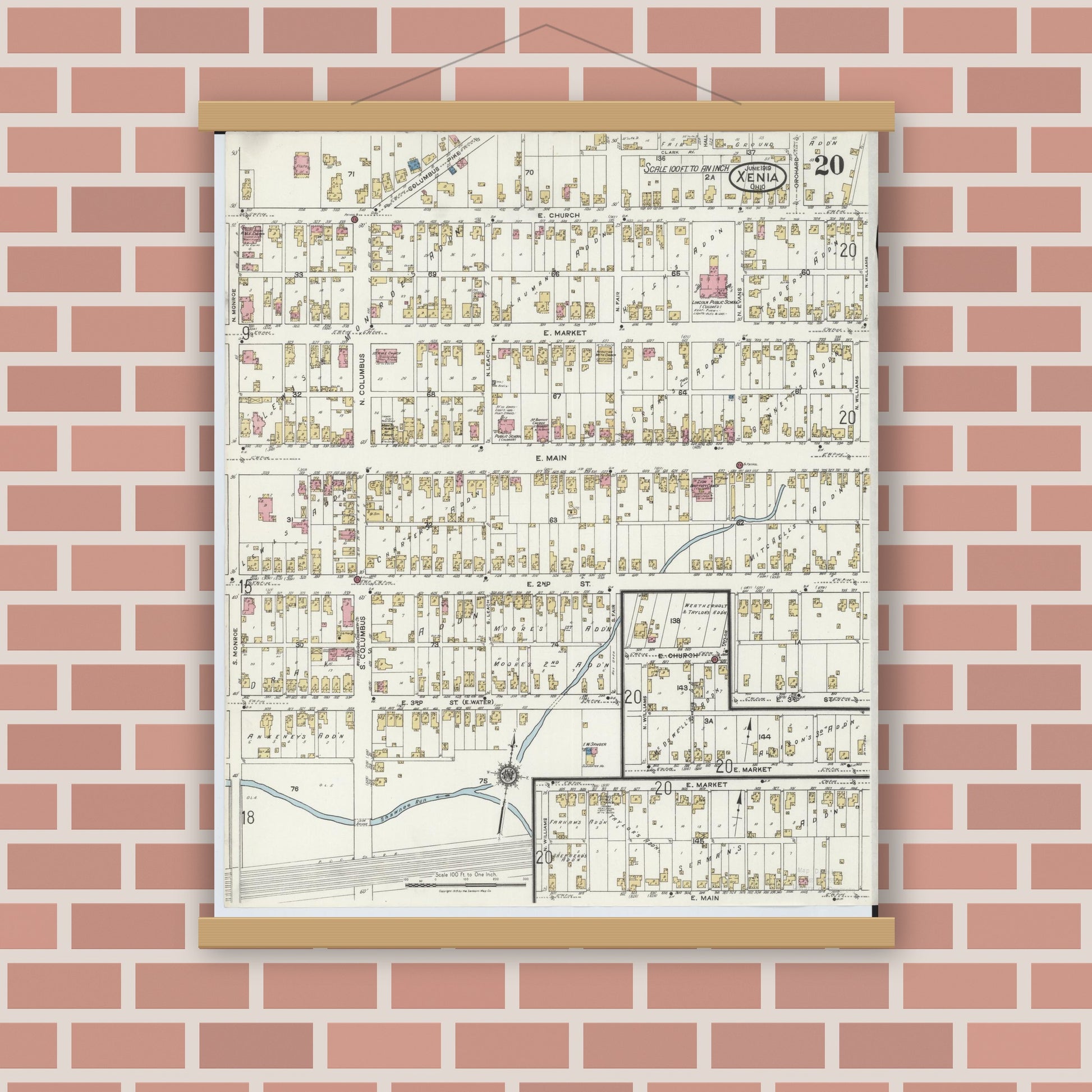 Old map wall art mockup — magnetic wood frame on brick wall — Sanborn Fire Insurance Map from Xenia, Greene County, Ohio (1919), Sheet #0020