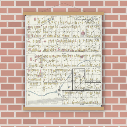 Old map wall art mockup — magnetic wood frame on brick wall — Sanborn Fire Insurance Map from Xenia, Greene County, Ohio (1919), Sheet #0020