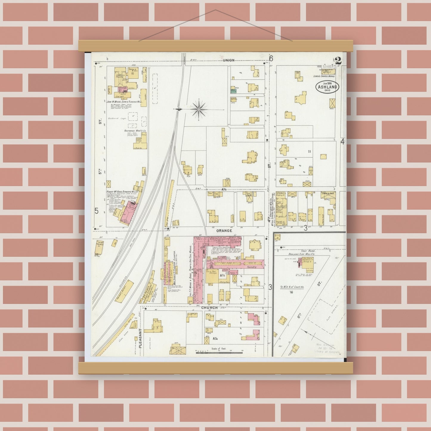 Old map wall art mockup — magnetic wood frame on brick wall — Sanborn Fire Insurance Map from Ashland, Ashland County, Ohio (1899), Sheet #0002