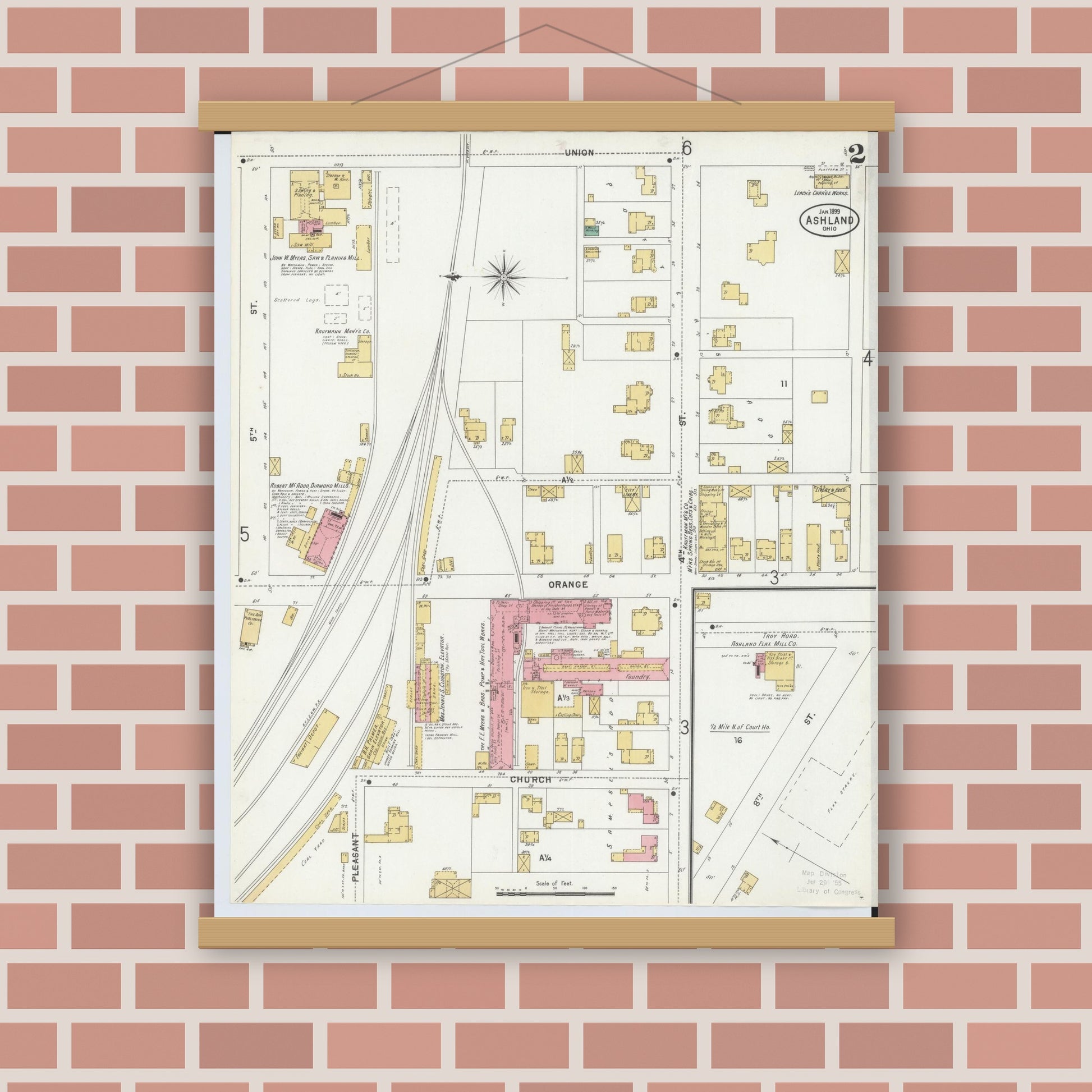 Old map wall art mockup — magnetic wood frame on brick wall — Sanborn Fire Insurance Map from Ashland, Ashland County, Ohio (1899), Sheet #0002