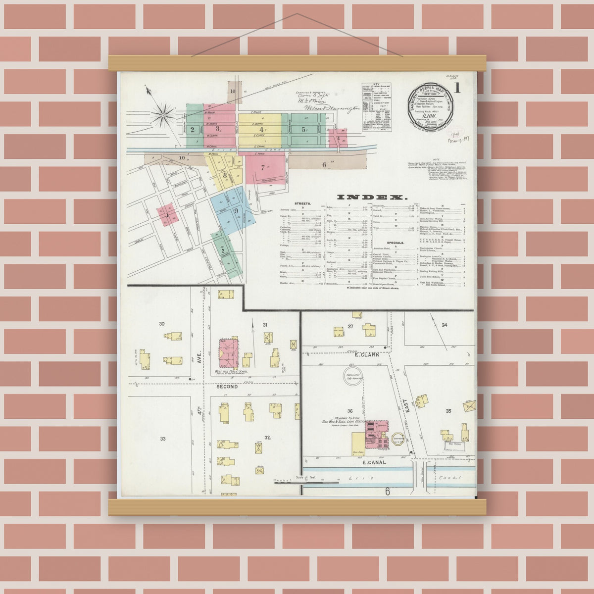 Old map wall art mockup — magnetic wood frame on brick wall — Sanborn Fire Insurance Map from Ilion, Herkimer County, New York (1897) - Complete Map Set