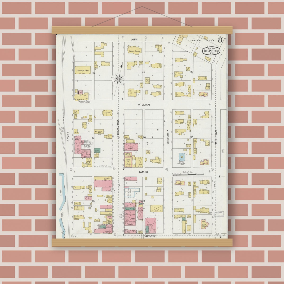 Old map wall art mockup — magnetic wood frame on brick wall — Sanborn Fire Insurance Map from De Pere, Brown County, Wisconsin (1895), Sheet #0008