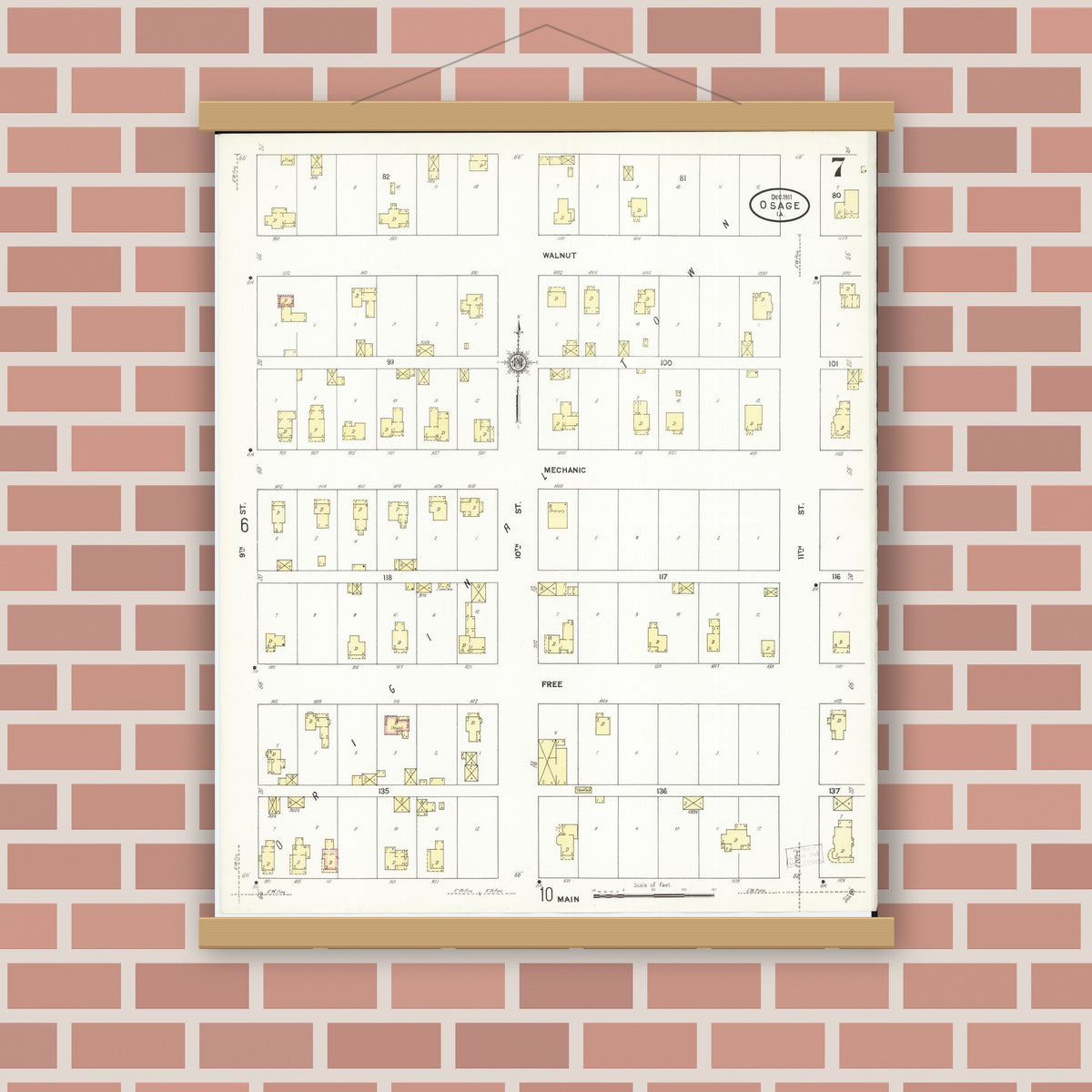 Old map wall art mockup — magnetic wood frame on brick wall — Sanborn Fire Insurance Map from Osage, Mitchell County, Iowa (1911), Sheet #0007