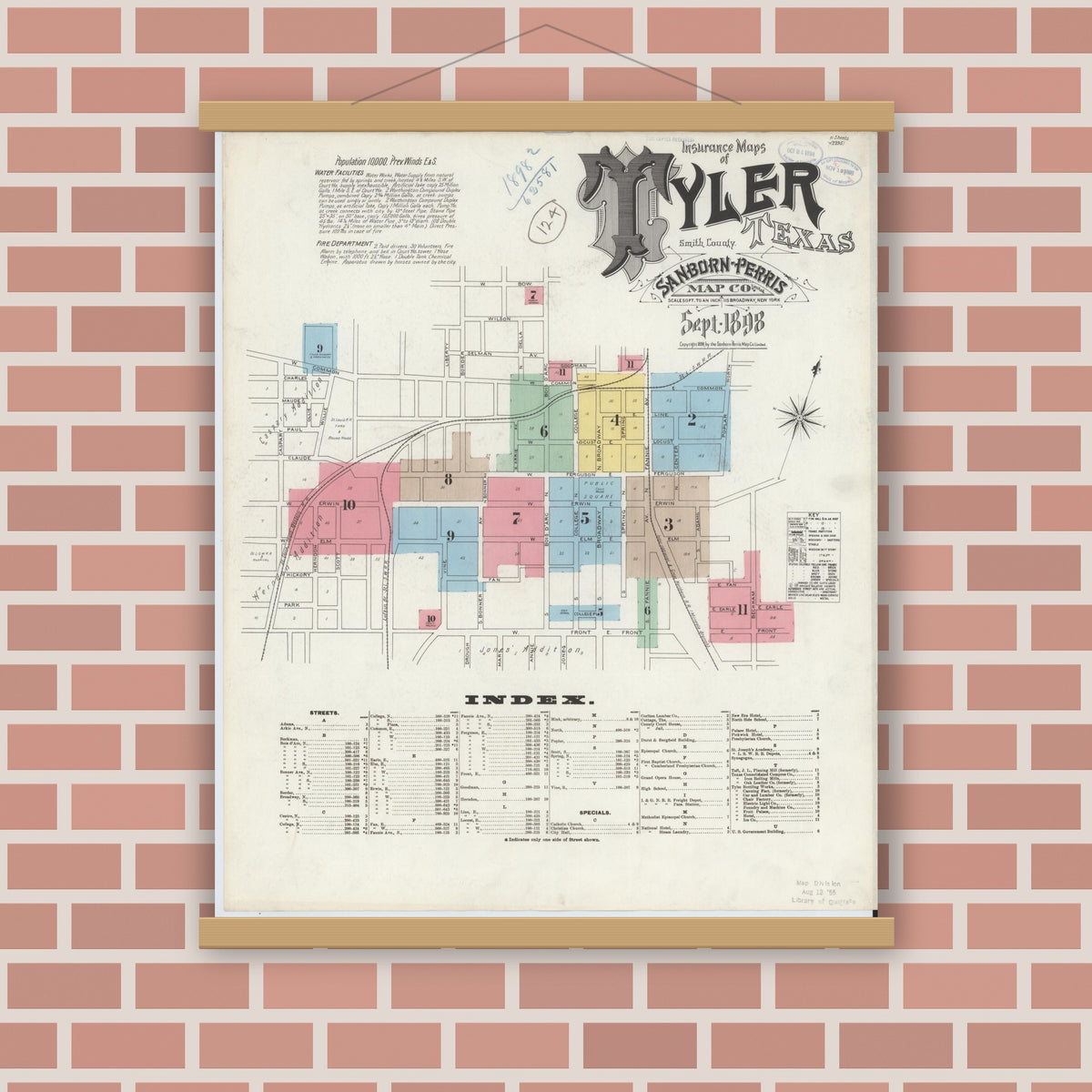 Old map wall art mockup — magnetic wood frame on brick wall — Sanborn Fire Insurance Map from Tyler, Smith County, Texas (1898) - Complete Map Set