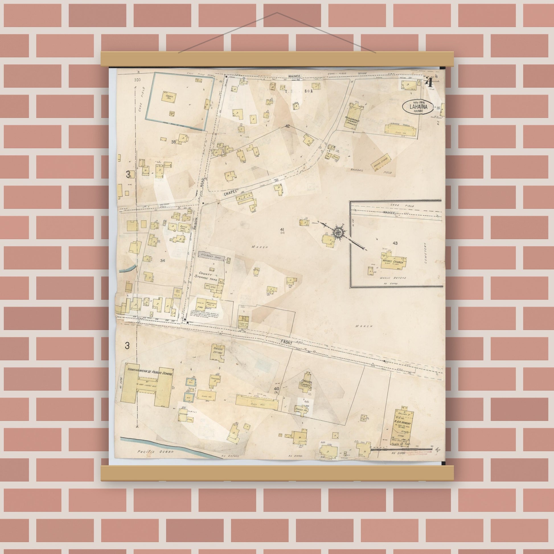 Old map wall art mockup — magnetic wood frame on brick wall — Sanborn Fire Insurance Map from Lahaina, Maui County, Hawaii (1950), Sheet #0004