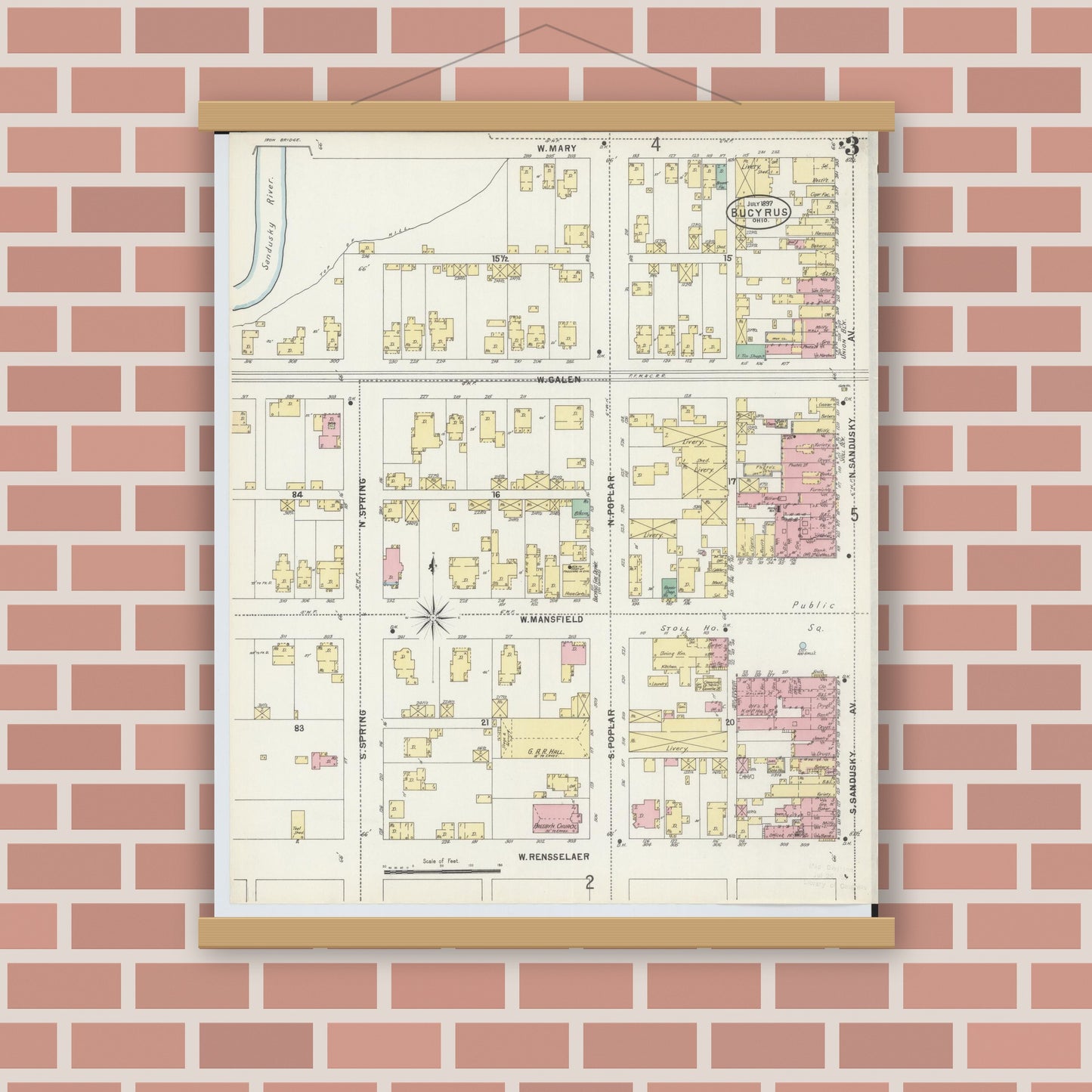 Old map wall art mockup — magnetic wood frame on brick wall — Sanborn Fire Insurance Map from Bucyrus, Crawford County, Ohio (1897), Sheet #0003