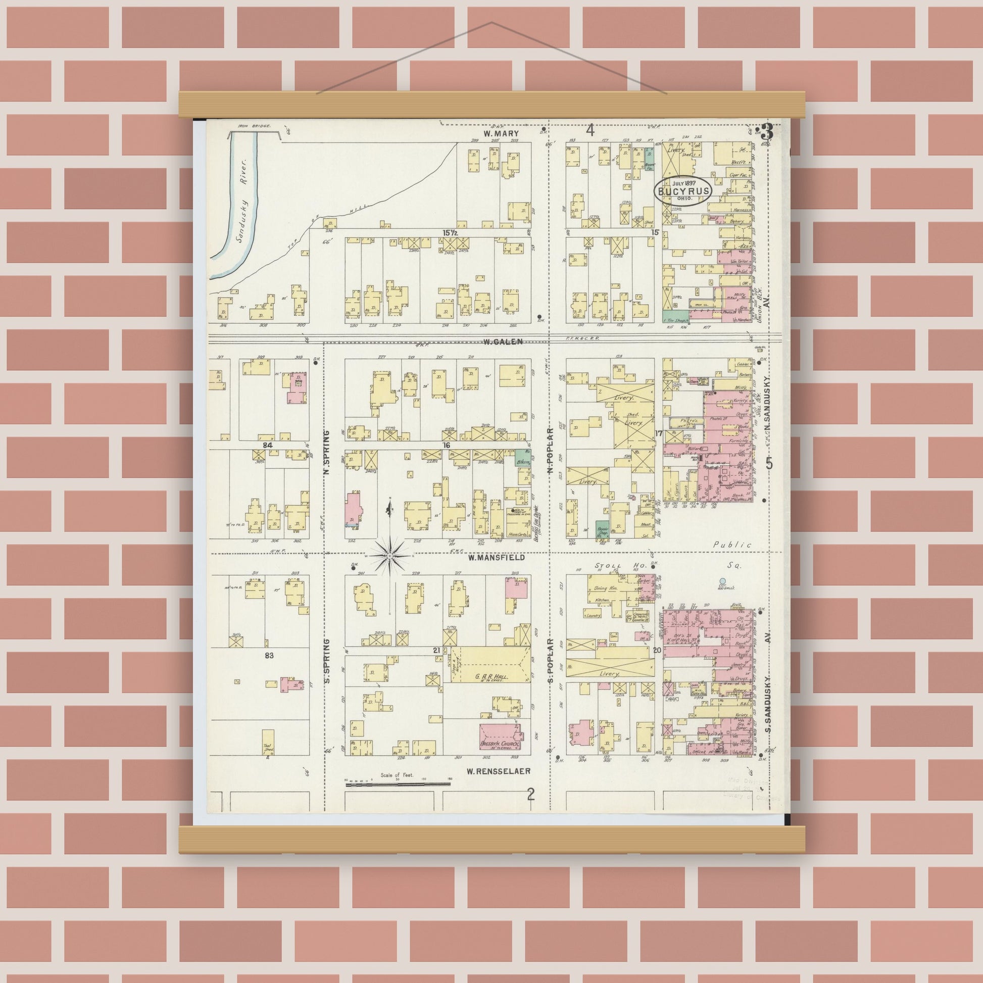 Old map wall art mockup — magnetic wood frame on brick wall — Sanborn Fire Insurance Map from Bucyrus, Crawford County, Ohio (1897), Sheet #0003