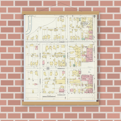 Old map wall art mockup — magnetic wood frame on brick wall — Sanborn Fire Insurance Map from Bucyrus, Crawford County, Ohio (1897), Sheet #0003