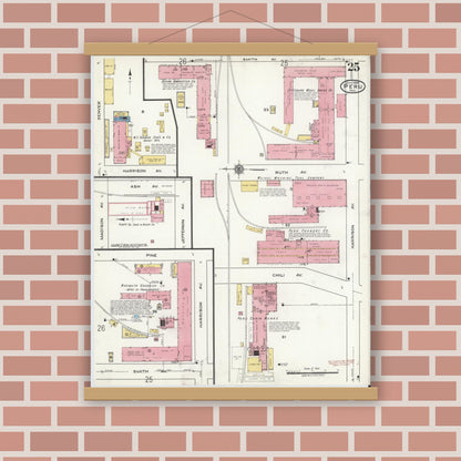 Old map wall art mockup — magnetic wood frame on brick wall — Sanborn Fire Insurance Map from Peru, Miami County, Indiana (1920), Sheet #0025