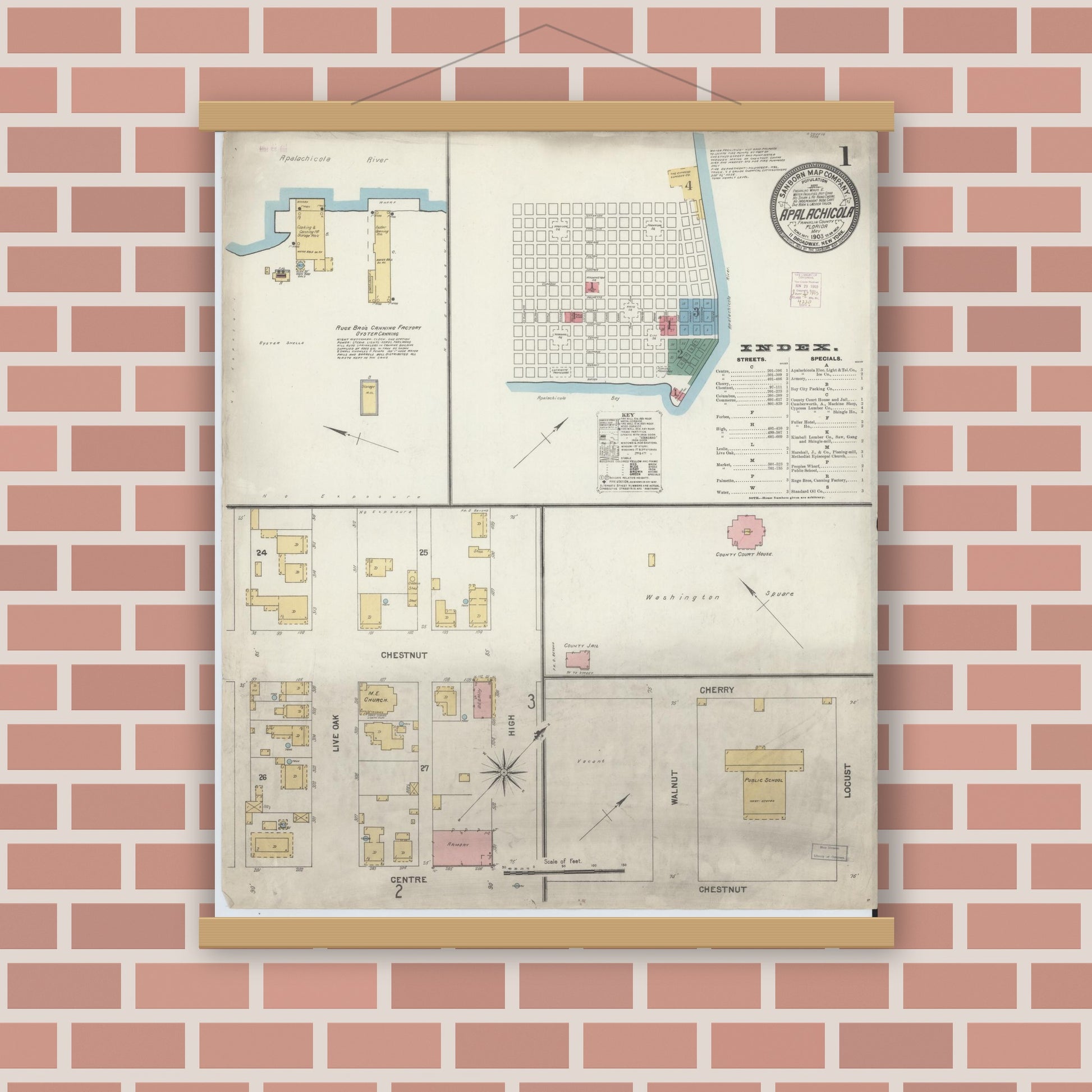 Old map wall art mockup — magnetic wood frame on brick wall — Sanborn Fire Insurance Map from Apalachicola, Franklin County, Florida (1903) - Complete Map Set