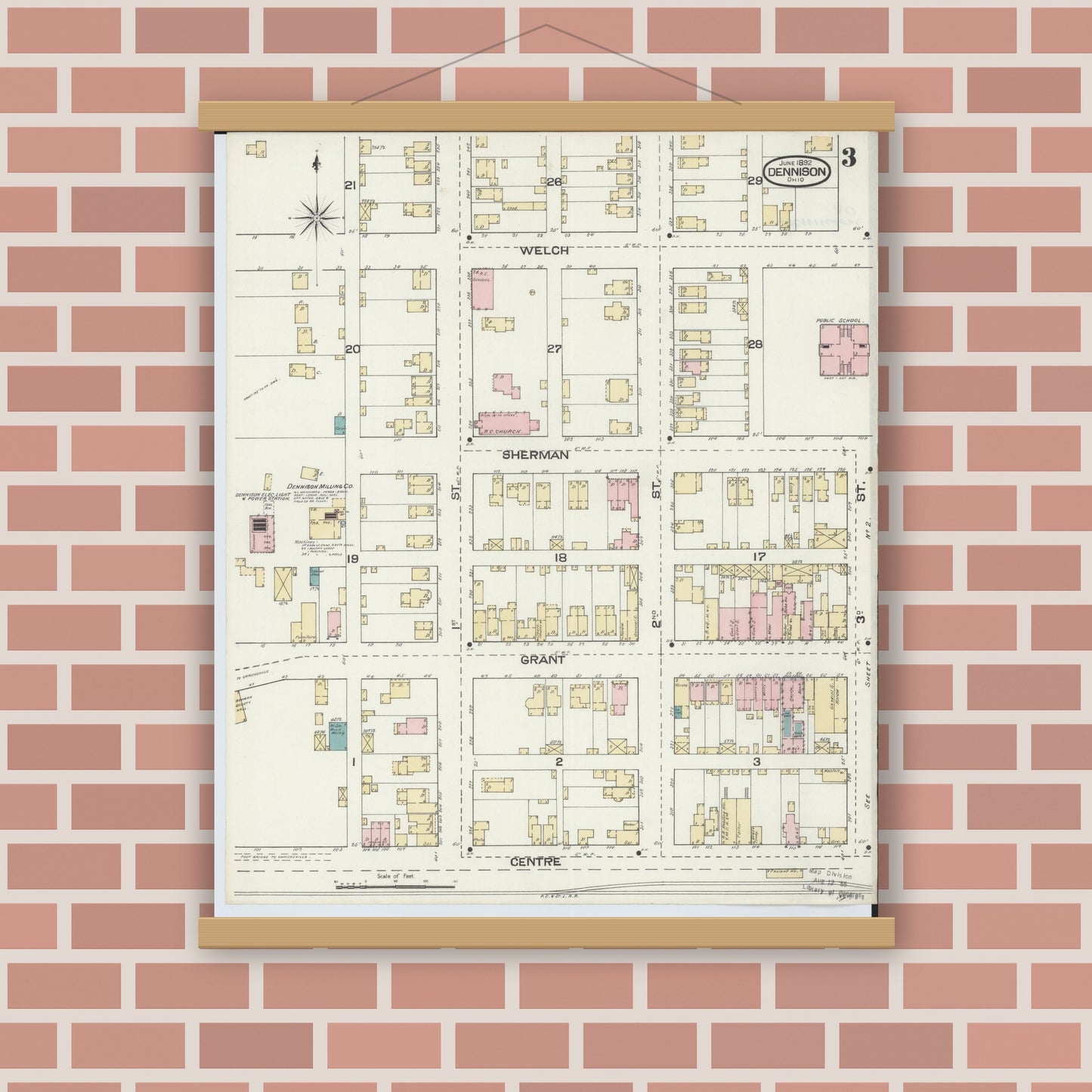 Old map wall art mockup — magnetic wood frame on brick wall — Sanborn Fire Insurance Map from Dennison, Tuscarawas County, Ohio (1892), Sheet #0003