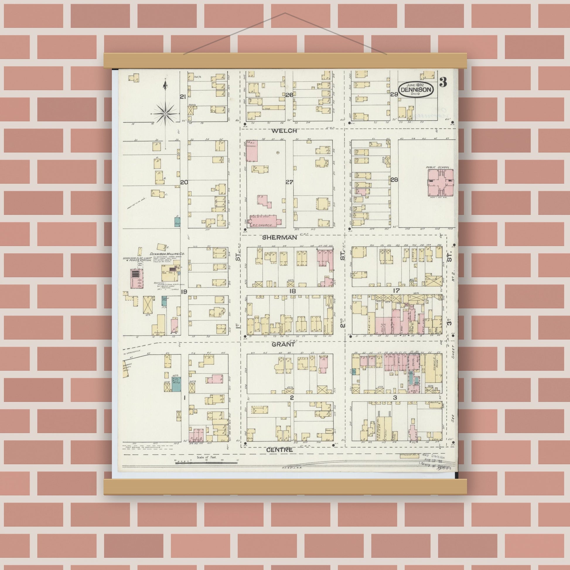 Old map wall art mockup — magnetic wood frame on brick wall — Sanborn Fire Insurance Map from Dennison, Tuscarawas County, Ohio (1892), Sheet #0003