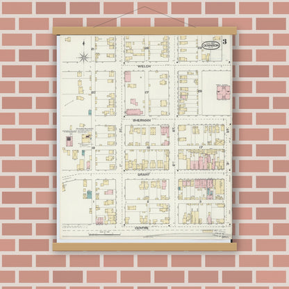 Old map wall art mockup — magnetic wood frame on brick wall — Sanborn Fire Insurance Map from Dennison, Tuscarawas County, Ohio (1892), Sheet #0003