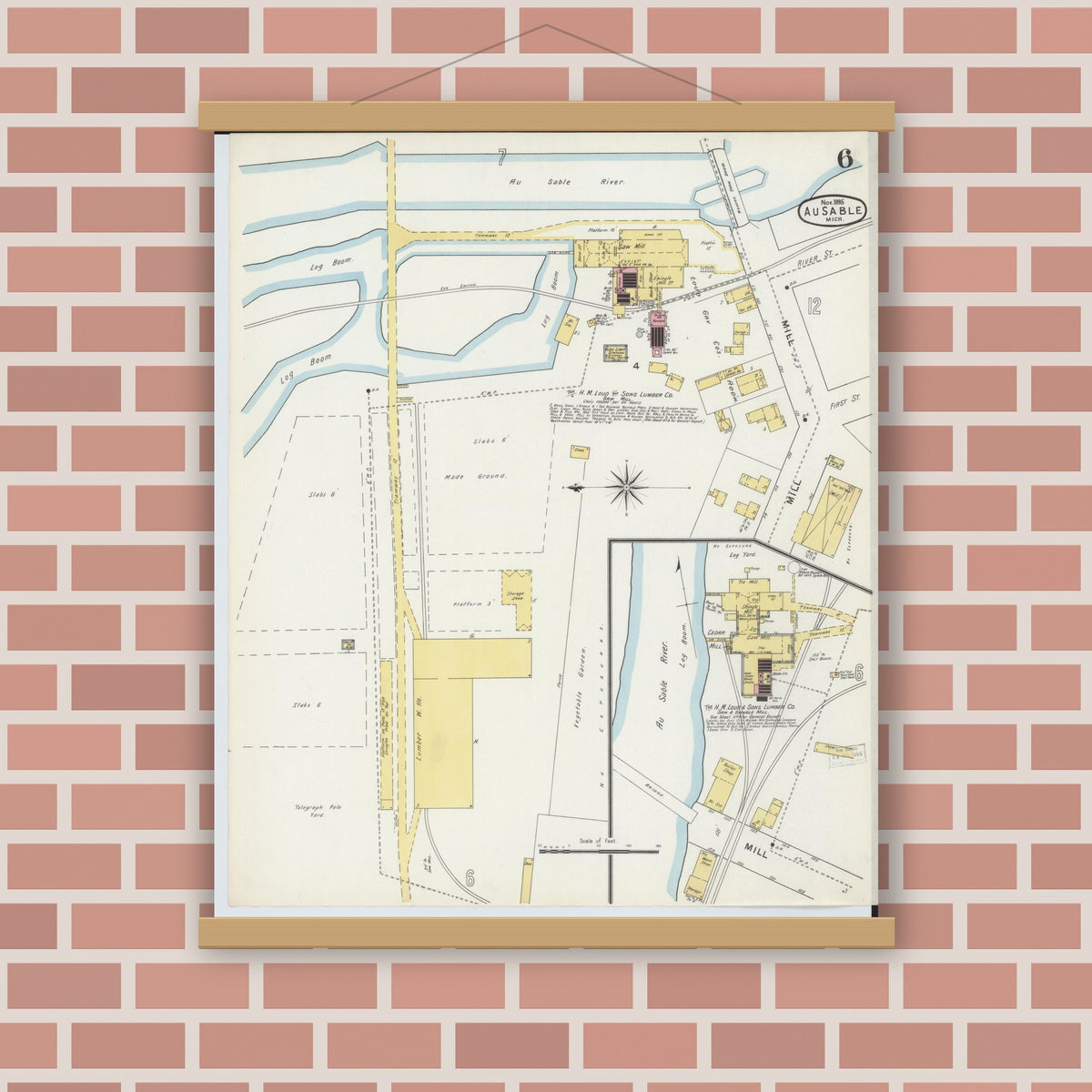 Old map wall art mockup — magnetic wood frame on brick wall — Sanborn Fire Insurance Map from Oscoda, Iosco County, Michigan (1895), Sheet #0006