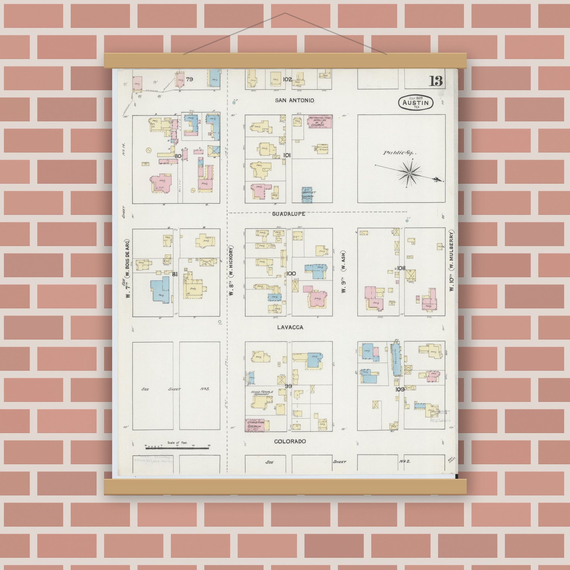 Old map wall art mockup — magnetic wood frame on brick wall — Sanborn Fire Insurance Map from Austin, Travis County, Texas (1889), Sheet #0013