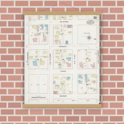 Old map wall art mockup — magnetic wood frame on brick wall — Sanborn Fire Insurance Map from Austin, Travis County, Texas (1889), Sheet #0013