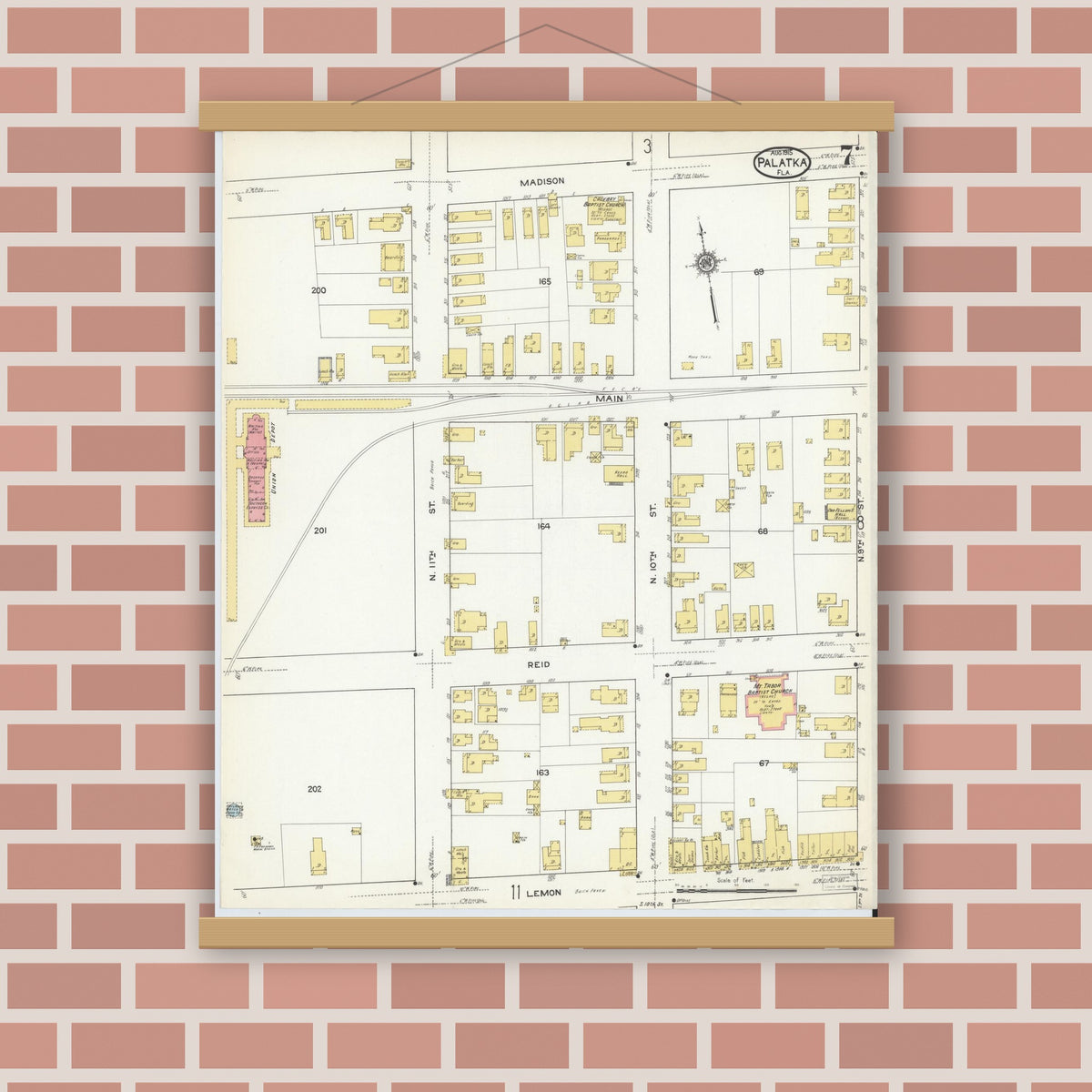 Old map wall art mockup — magnetic wood frame on brick wall — Sanborn Fire Insurance Map from Palatka, Putnam County, Florida (1915), Sheet #0007