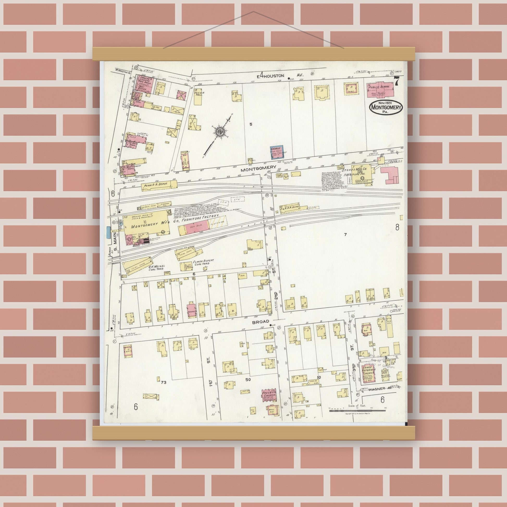 Old map wall art mockup — magnetic wood frame on brick wall — Sanborn Fire Insurance Map from Montgomery, Lycoming County, Pennsylvania (1920), Sheet #0007