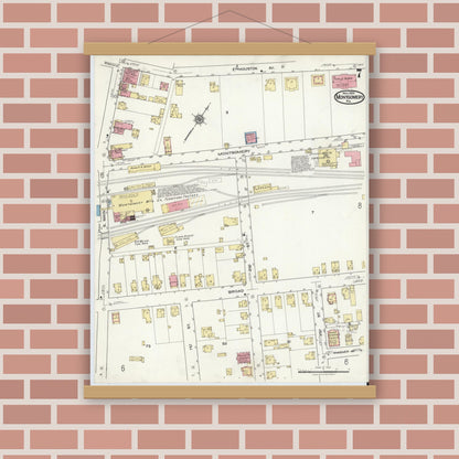 Old map wall art mockup — magnetic wood frame on brick wall — Sanborn Fire Insurance Map from Montgomery, Lycoming County, Pennsylvania (1920), Sheet #0007
